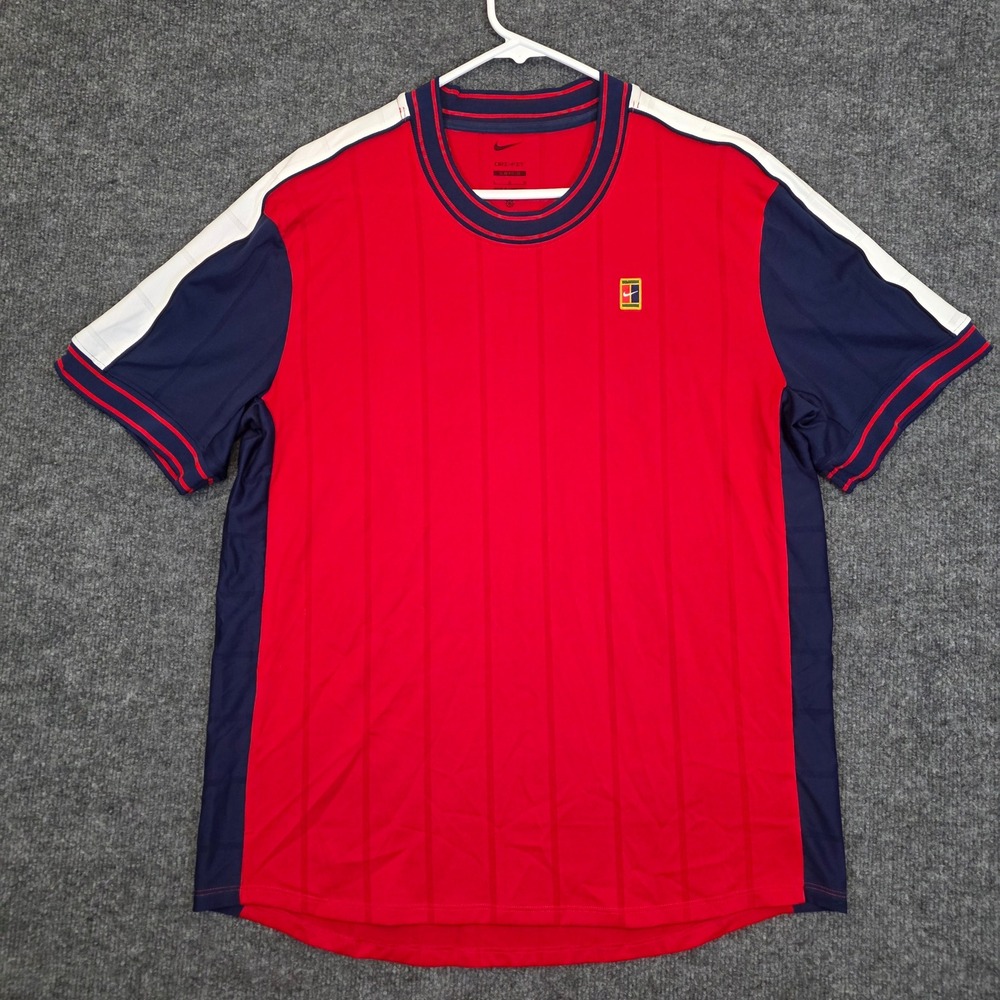 Nike Court Tennis Shirt Mens Large Red Navy Blue Dri-FIT Slim Fit Stripe Stretch